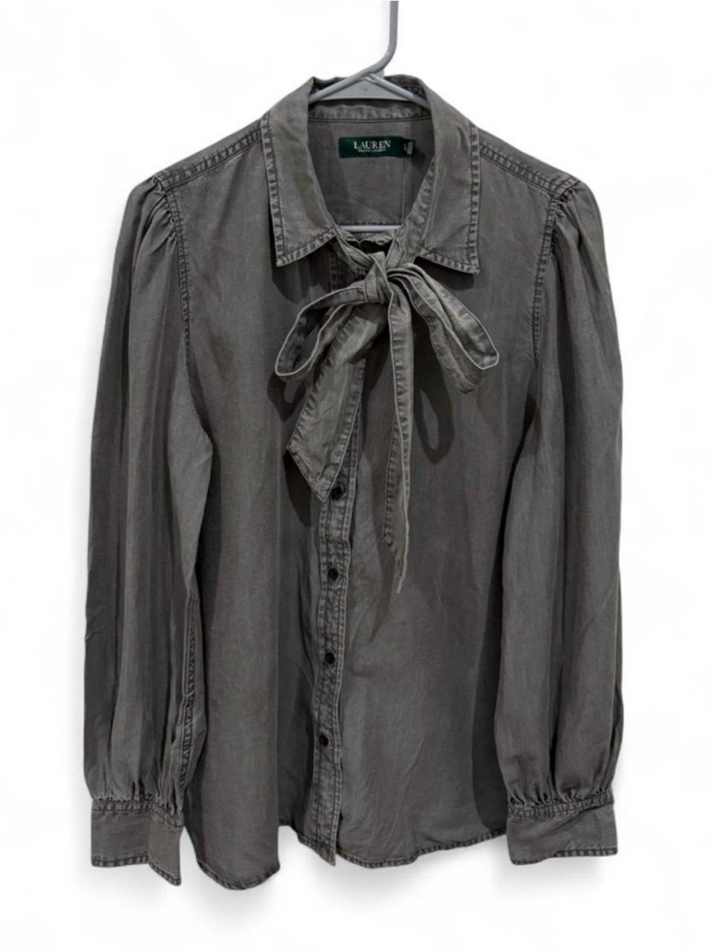 NWT Lauren Ralph Lauren Button Front Tie Neck Long Sleeve Blouse Large Grey